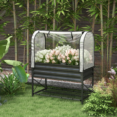 Raised Garden Bed with Legs and Cover, Metal Elevated Planter Box with Bottom Shelf and Liner for Vegetables, Black