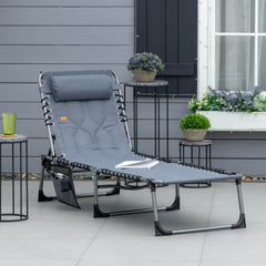 Padded Folding Chaise Lounge Chair, Outdoor 6-Level Reclining Camping Tanning Chair with Headrest for Beach, Yard, Patio, Pool, Gray