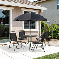 6 Piece Patio Dining Set for 4 with Umbrella, Outdoor Table and Chairs with 4 Folding Dining Chairs & Round Glass Table for Garden, Backyard and Poolside, Black and Coffee