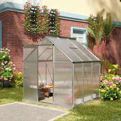 6' x 6' x 6.5' Polycarbonate Greenhouse with Aluminum Frame, Walk-in Heavy Duty Green House with Adjustable Roof Vent, Rain Gutter and Sliding Door for Winter, Silver
