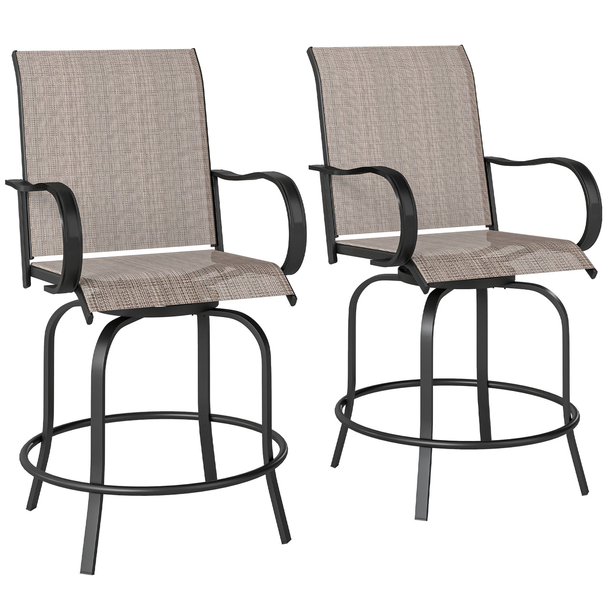 Outdoor Bar Stools Set of 2, 360° Swivel Bar Height Chairs, 26.75" x 29.5" x 48.5", Tan