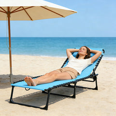 Folding Chaise Lounge Pool Chair with 4-Position Reclining Back, Pillow, Breathable Mesh & Bungee Seat, Blue