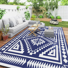 Reversible Outdoor Rug, Waterproof Plastic Straw with Carry Bag, 9' x 18', Blue & White Square Patchwork