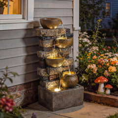 28" Outdoor Fountain with 5-Tier Rustic Jugs, Cascading Waterfall with LED Lights, Adjustable Flow, Rustic Brown