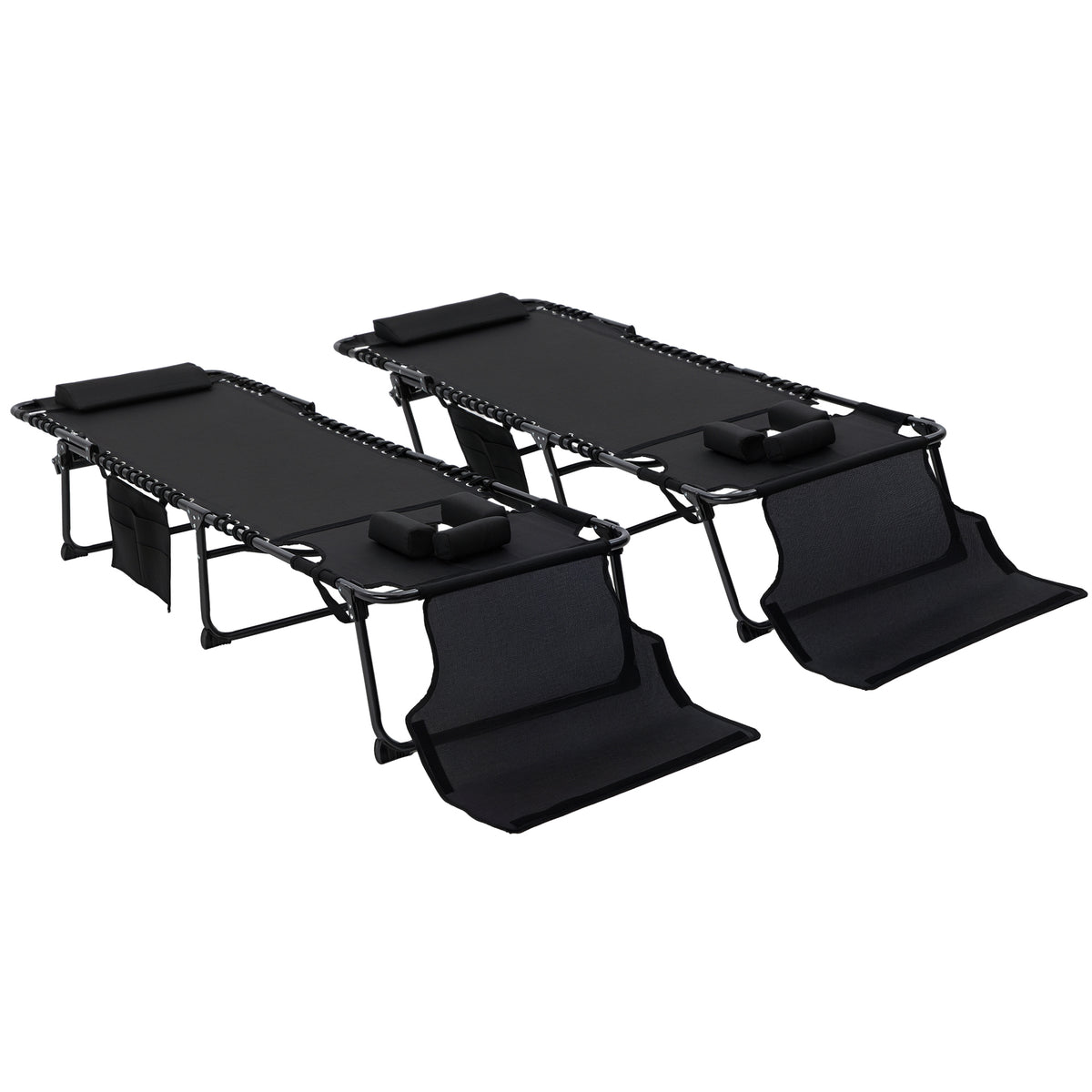 2 Piece Folding Chaise Lounge Pool Chairs with 5-level Reclining Back, Reading Hole, Side Pocket, Black