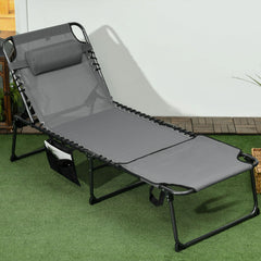 Folding Chaise Tanning Lounge Chair w/ 5-level Reclining Back, Reading Hole, Side Pocket, Headrest, Gray