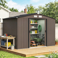 Outdoor Shed Garden Storage Shed Tool Storage Building with 4 Vents and 2 Sliding Doors, 9 x 6 FT, Brown