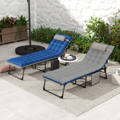 Outdoor Chaise Lounge Chair Set of 2, 5-Level Adjustable Folding Pool Lounge Chairs with Cushions, Brown/Blue