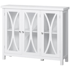 Sideboard, Buffet Cabinet with 3 Tempered Glass Doors, Arc Pattern and Adjustable Storage Shelf, Credenza, White
