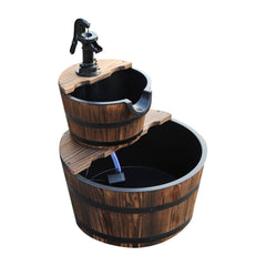 Wood Freestanding Fountain with 2 Tier Waterfall Barrel, Electric Pump for Garden Decor, Lawn, Backyard