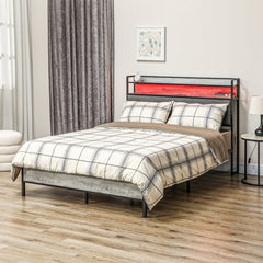 Full Bed Frame with Storage Upholstered Headboard, Full Size Bed Frame with LED Lights, Charging Station, Cement Gray