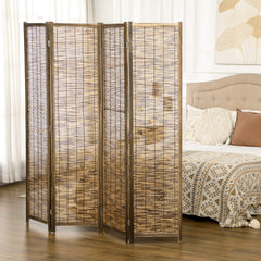 Hand Woven Room Divider, 4 Panel Folding Privacy Screen, Indoor Reed Partition Wall, 63"x67"x0.75", Brown