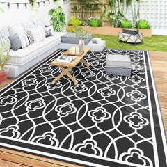 Reversible Outdoor Rug, Waterproof Plastic Straw with Carry Bag, 9' x 18', Black & White Lantern