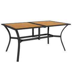 Rectangular Patio Table with Umbrella Hole, Faux Wood Rectangle Outdoor Dining Table for 6 People for Garden, Brown
