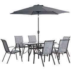 8 Pieces Patio Furniture Set with 9Ft Patio Umbrella, Outdoor Dining Table and Chairs, 6 Chairs, Push Button Tilt and Crank Parasol, Tempered Glass Top, Gray
