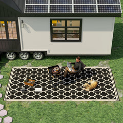 Reversible Outdoor Rug, 9' x 18' Waterproof Plastic Straw Floor Mat, Portable RV Camping Carpet, Large Floor Mat for Deck, Backyard, Picnic, Beach, Black & Beige