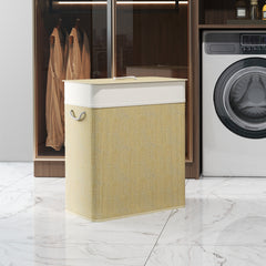 Double Laundry Basket with Lid, 26.4 Gallon Bamboo Laundry Hamper with Rope Handles and Removable Liner, Natural
