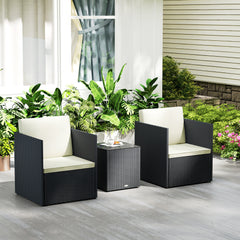 Folding Wicker Bistro Set, 3 Piece Patio Furniture Set with Cushions and Glass Coffee Table for Porch, Balcony, Black