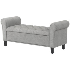 50 Inches Storage Ottoman, End of Bed Bench with Rolled Arms, Wood Legs, Button Tufted Storage Bench, Gray