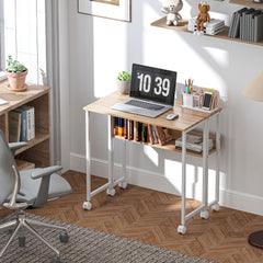 Folding Computer Desk, Foldable Desk with Storage Bag, Shelf and Wheels for Small Spaces, Home Office, Natural Wood