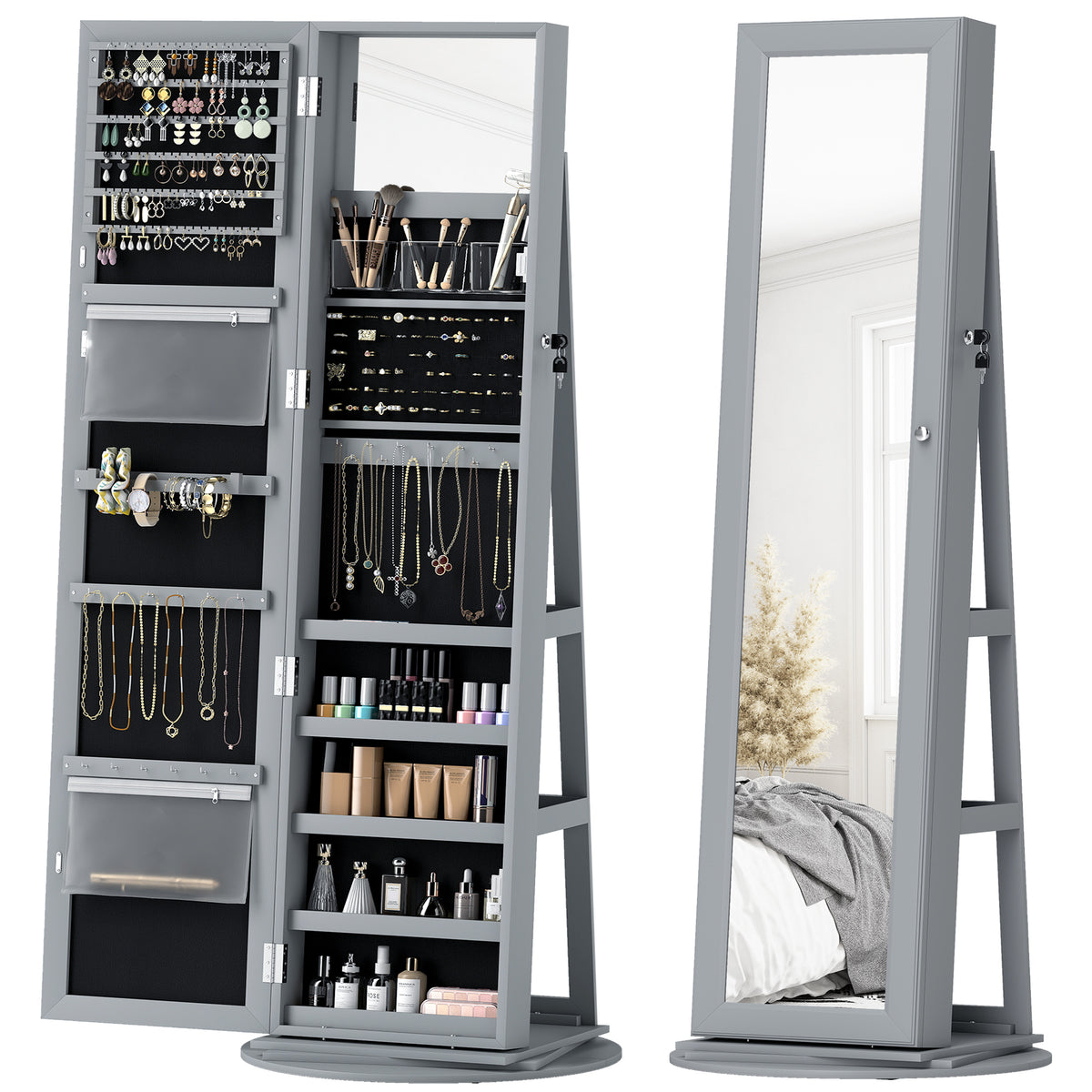 360° Swivel Jewelry Armoire, Lockable Jewelry Cabinet with Full-Length Mirror, Storage Shelves, Gray