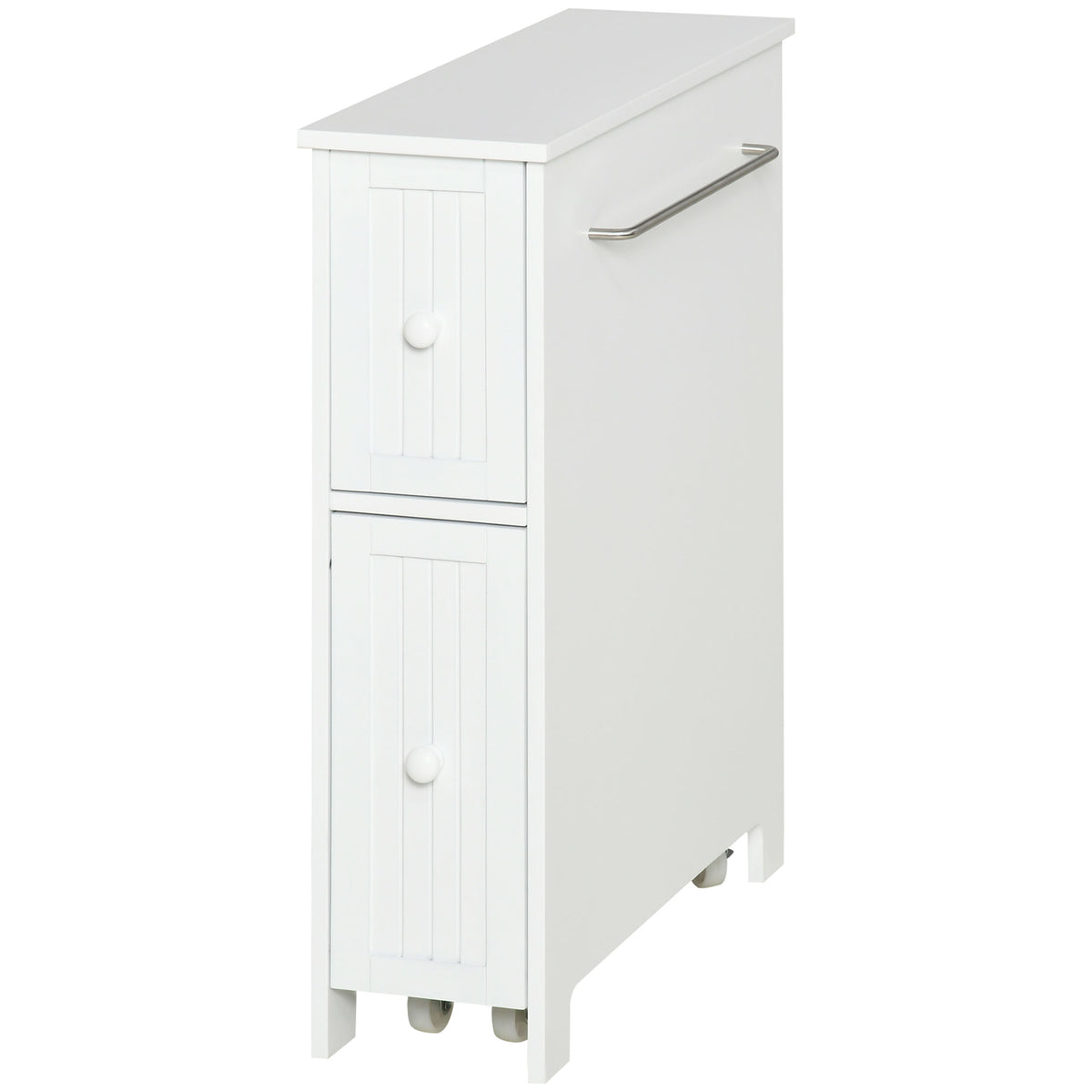 Slim Bathroom Cabinet, Freestanding Storage Cabinet, Toilet Paper Holder with Two Drawers, Side Towel Rack, and Wheels, 7 x 20.5 x 24.75 Inches, White