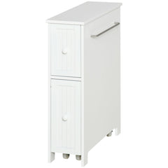 Slim Bathroom Cabinet, Freestanding Storage Cabinet, Toilet Paper Holder with Two Drawers, Side Towel Rack, and Wheels, 7 x 20.5 x 24.75 Inches, White