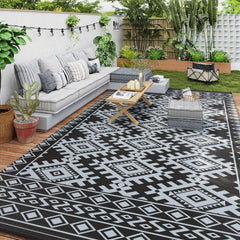 Reversible Outdoor Rug, Waterproof Plastic Straw with Carry Bag, 9' x 18', Black & Gray Rhombus Border