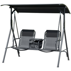 2 Person Porch Swing with Canopy, Storage Table, Cup Holder, Black