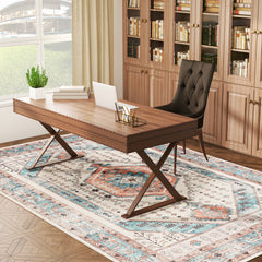 8x10 Area Rug, Vintage Machine Washable Rug, Non-Slip Floor Carpet for Living Room, Bedroom, Dining Room, Brown and Blue