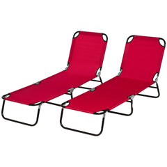 2 Piece Folding Chaise Lounge Pool Chairs, Outdoor Sun Tanning Chairs with 5-Level Reclining Back, Steel Frame for Beach, Yard, Patio, Red