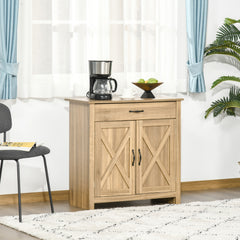Farmhouse Sideboard Buffet Cabinet, Barn Door Coffee Bar Cabinet with Drawer and Adjustable Shelf for Kitchen, Living Room, Entryway, Natural Wood Effect