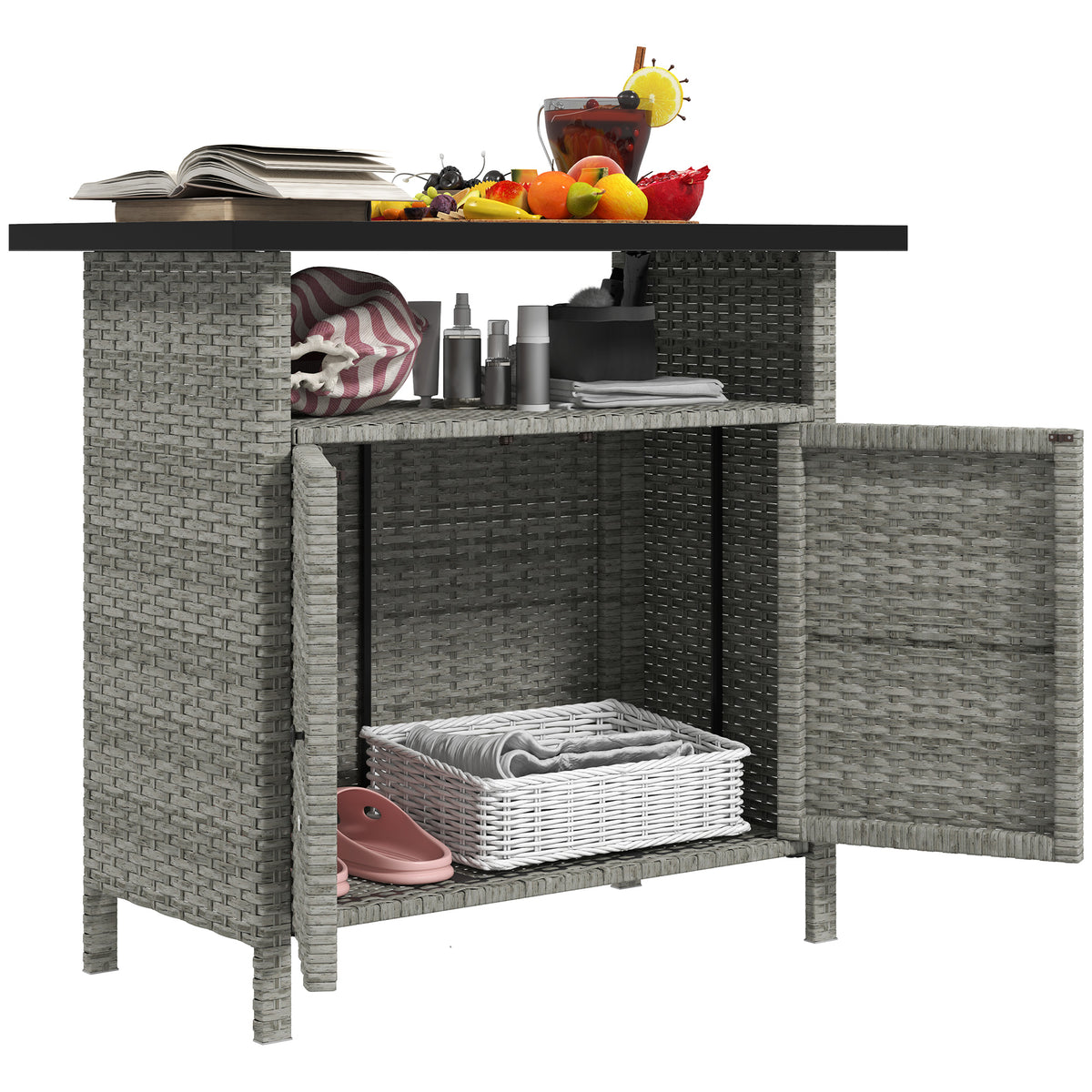 Wicker Outdoor Storage Cabinet with Two Doors and Shelf for Outdoor Pool Towel Storage, Gray