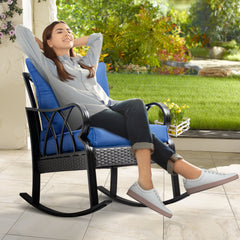 Outdoor Wicker Rocking Chair with Padded Cushions, Aluminum Furniture Rattan Porch Rocker Chair w/ Armrest for Garden, Patio, and Backyard, Blue