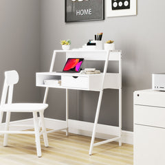 Home Office desk, Computer Desk for Small Spaces, Study Table with Drawer and Storage Shelves, White