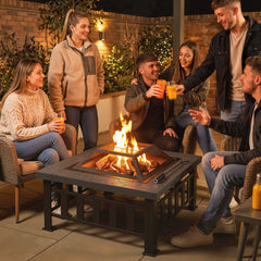 34" Outdoor Fire Pit Square Steel Wood Burning Firepit Bowl with Spark Screen, Waterproof Cover, Log Grate, Poker for Backyard, Camping, BBQ, Bonfire