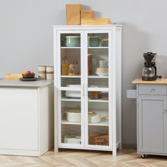 63" Kitchen Pantry Cabinet, Freestanding Storage Cabinet, Display Cabinet with 2 Glass Door and 2 Adjustable Shelves for Dining Room, White