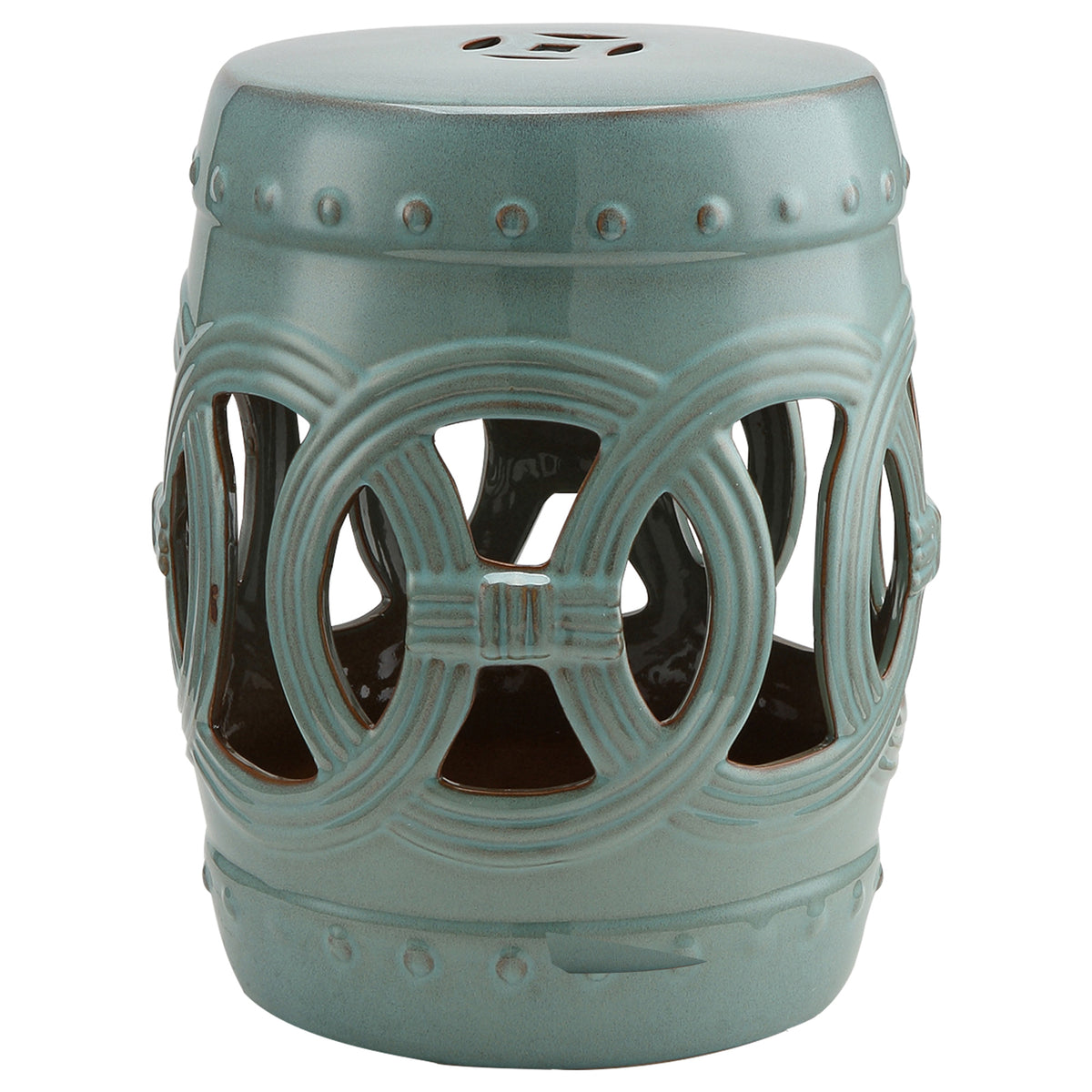 14" x 17" Ceramic Garden Stool with Double-Coin Knotted Ring Design & Strong Glazed Material, Decorative Outdoor Stool, Home Collection, Antique Blue