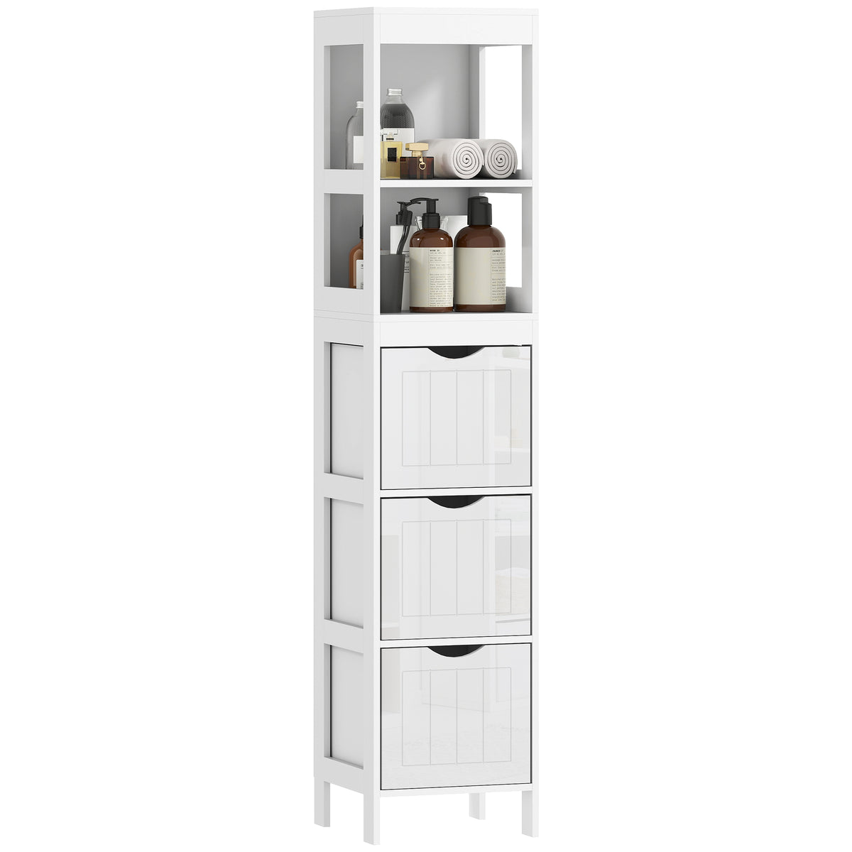 Narrow Bathroom Storage Cabinet, Bathroom Cabinet with 3 Drawers & 2 Open Shelves, Slim Bathroom Floor Cabinet, White