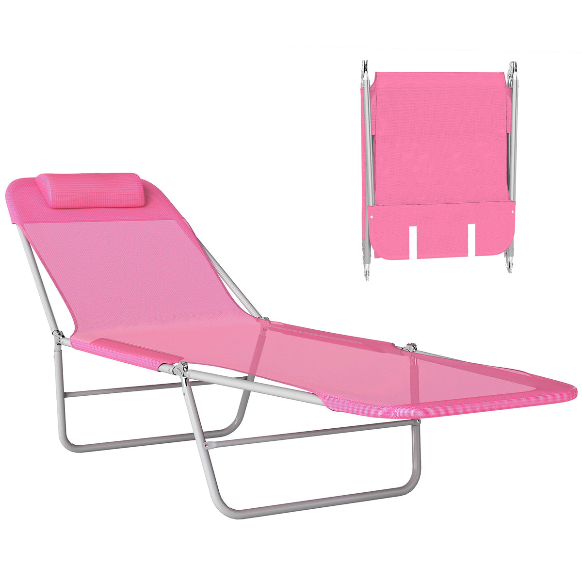 Folding Chaise Lounge Chair, Pool Sun Tanning Chair, Outdoor Lounge Chair with Reclining Back, Breathable Mesh Seat, Headrest for Beach, Yard, Patio, Pink