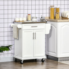 Kitchen Island on Wheels, Rolling Kitchen Cart with Stainless Steel Countertop, Drawer, Towel Rack and Spice Rack, Utility Storage Trolley, White