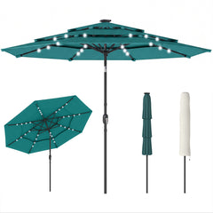 9.7 ft Outdoor Patio Umbrella with Solar LED Lights, 3 Tier Outdoor Table Umbrella with Tilt, Crank, Teal