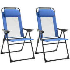 Folding Patio Dining Chairs Set of 2, Outdoor Deck Chair with Removable Headrest, Camping Chair with Adjustable Sling Back for Garden, Backyard, Lawn, Blue