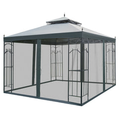 118" x 118" Steel Outdoor Patio Gazebo Canopy with Removable Mesh Curtains, Display Shelves, & Steel Frame, Gray
