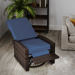 Outdoor Wicker Swivel Recliner Chair, Lifting Footrest, 360° Rotating Basic, Water-resistant Cushions, Dark Blue