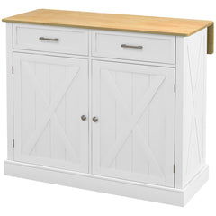 Rolling Kitchen Island with Drop Leaf Wood Breakfast Bar, Farmhouse Kitchen Cart with 2 Drawers, Adjustable Shelves for Dining Room, White