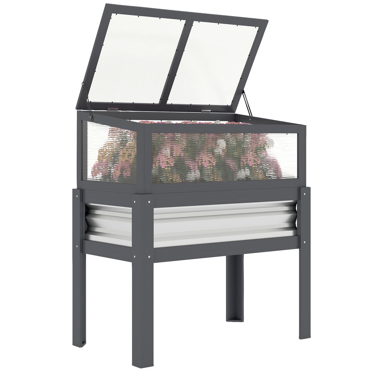 Raised Garden Bed with Flip-Up Mini Greenhouse, Elevated Planter Box with Legs and Bed Liner for Flowers, Vegetables