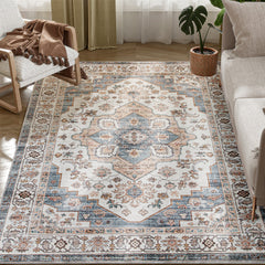 4x6 Area Rug, Vintage Machine Washable Rug, Non-Slip Carpet for Living Room, Bedroom, Dining Room, Brown & Light Blue