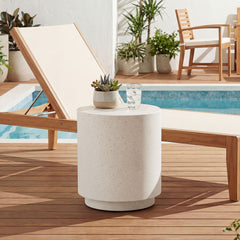 Lightweight Accent Table with Concrete Finish Round Side Table, Cream White