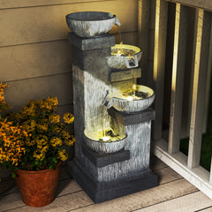 33.5" Water Fountain, 4-Tier Resin Cascading Bowls Outdoor Waterfall Fountain with LED Lights, Pump